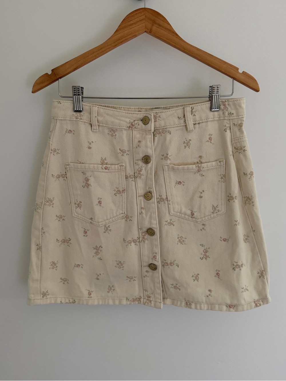 Molly Bracken Floral Denim Mini Skirt M Cream Cottagecore Button Front